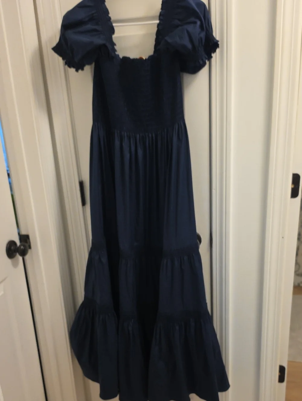 Tory Burch XL Midnight Blue Puff-Sleeve Tiered Maxi Dress Smocked Bodice